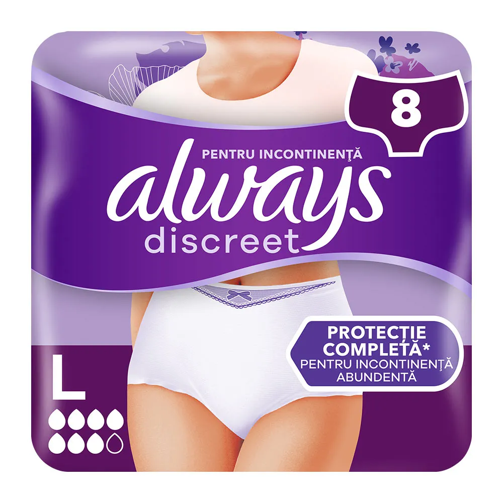 Chiloti pentru incontinenta urinara Always Discreet Plus 6 picaturi, Marimea L, 8 bucati