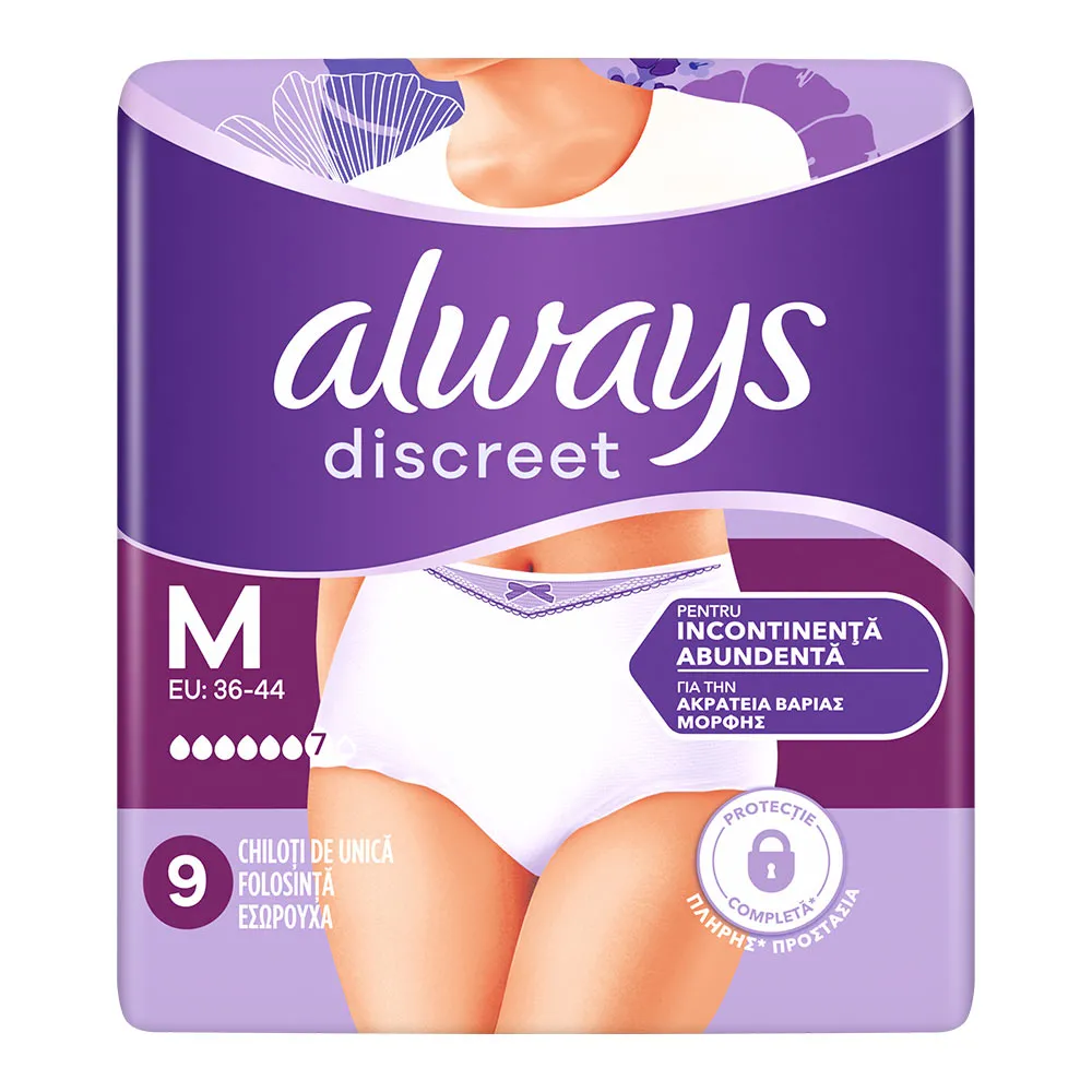 Chiloti pentru incontinenta urinara Always Discreet Plus 6 picaturi, Marimea M , 9 bucati