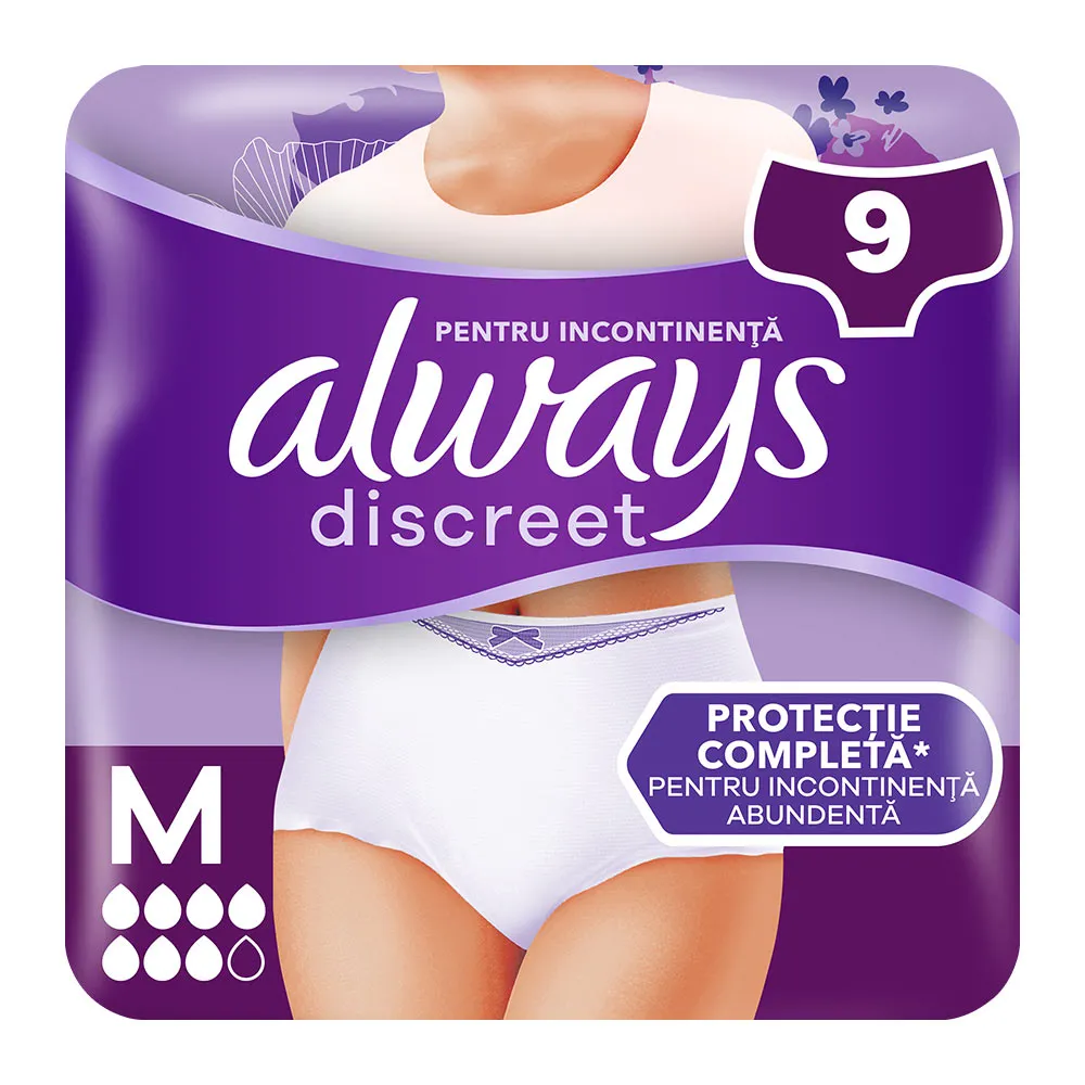 Chiloti pentru incontinenta urinara Always Discreet Plus 6 picaturi, Marimea M , 9 bucati