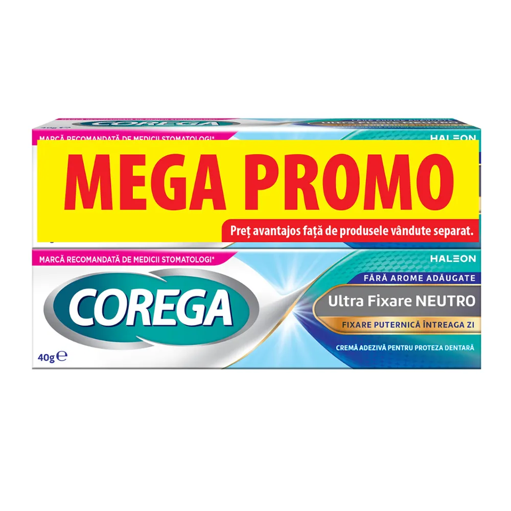 Pachet Crema adeziva pentru proteza dentara Ultra Fixare Neutro, 2x40 g, Corega