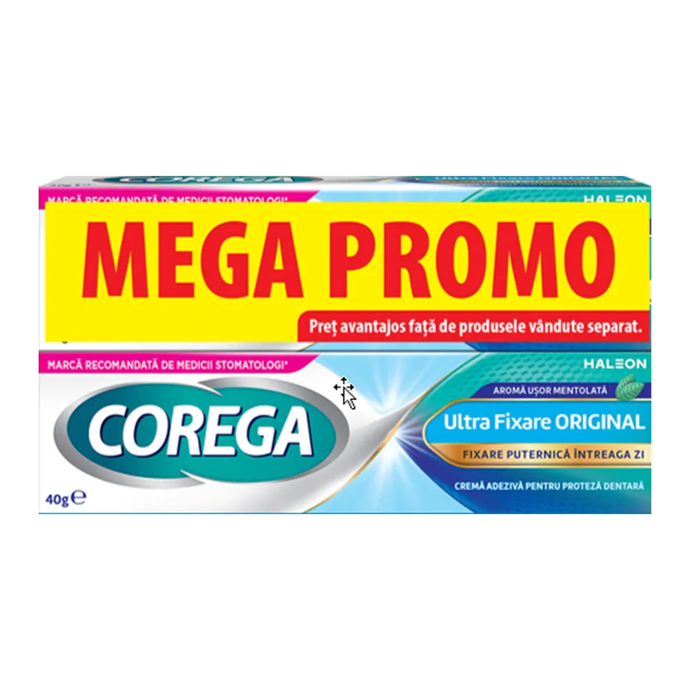 Pachet Crema adeziva pentru proteza dentara Ultra Fixare Original, 2x40 g, Corega