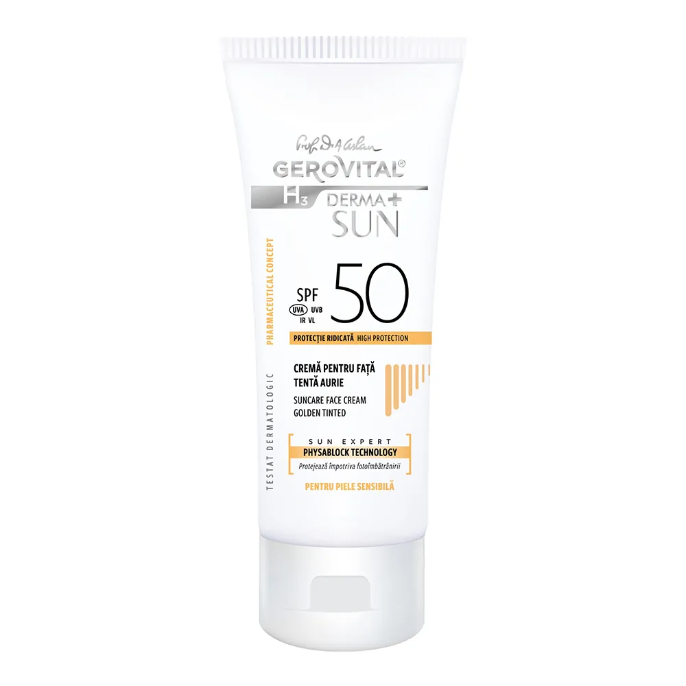 Crema pentru fata SPF 50 tenta aurie H3 Derma+ Sun, 50 ml, Gerovital