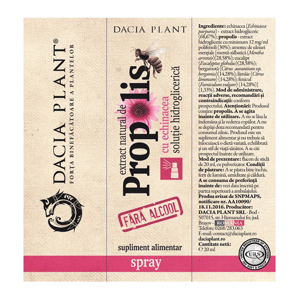Extract natural de propolis cu echinacea spray, 20 ml, Dacia Plant