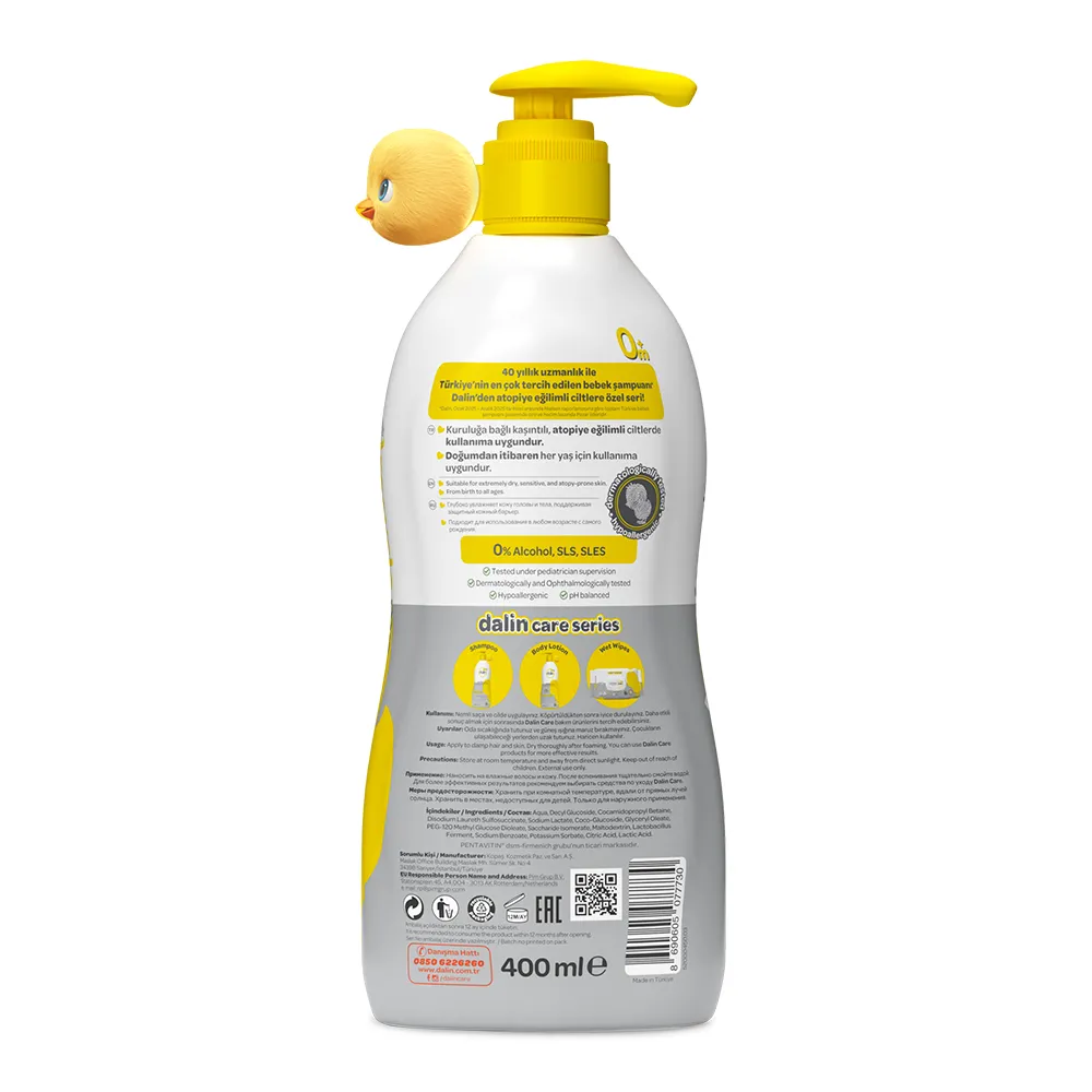 Șampon delicat pentru păr și corp, destinat pielii sensibile, foarte uscate și predispuse la atopie, 400ml, Dalin