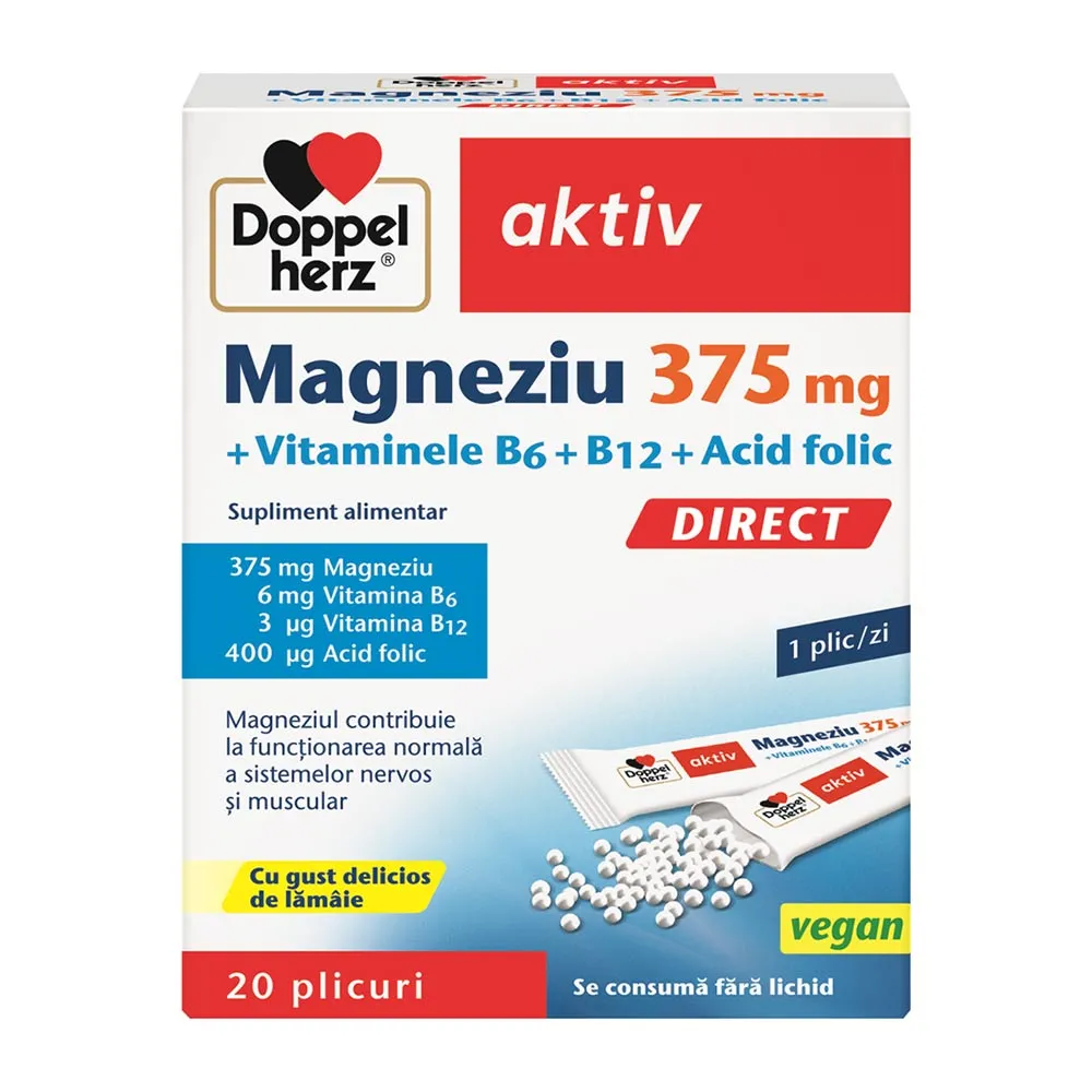 Magneziu 375 mg Direct + Vitaminele B6 + B12 + Acid folic, 20 plicuri, Doppelherz