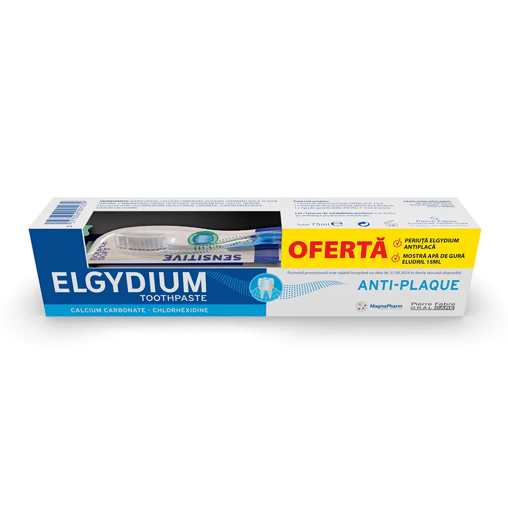 Pachet Elgydium Pasta de Dinti Antiplaca, 75ml + Periuta + Eludril Apa, 15ml