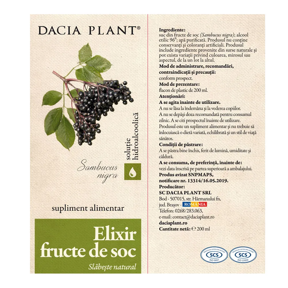 Elixir din fructe de soc, 200 ml, Dacia Plant