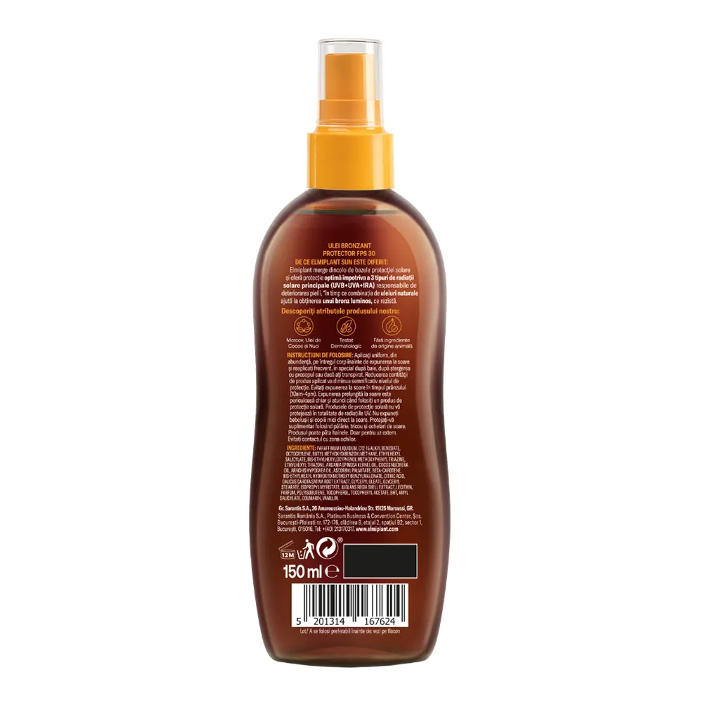 Ulei Spray Protectie si Bronz Sun SPF30, 150ml, Elmiplant