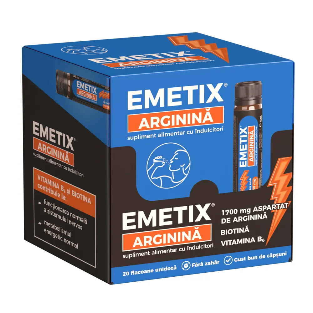 Emetix Arginina, 20 flacoane unidoza x 25 ml, Fiterman Pharma