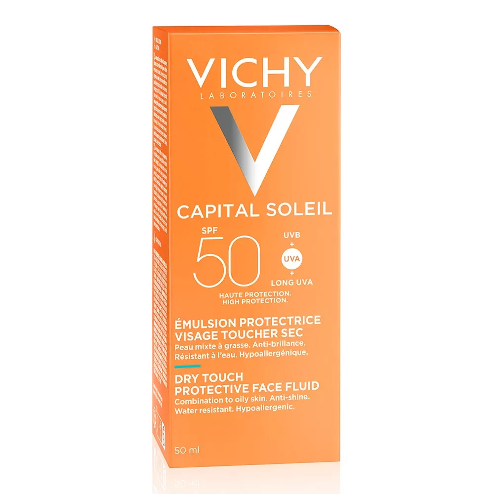 Emulsie matifiantă cu protecție solară SPF 50+ pentru față, cu efect anti-strălucire pentru ten gras-mixt, 50 ml, Capital soleil, Vichy