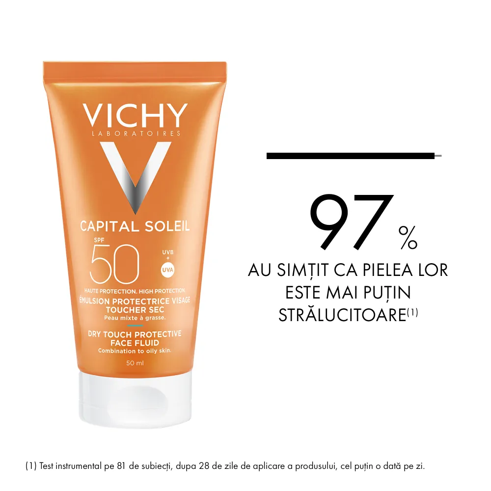 Emulsie matifianta cu protectie solara SPF 50+ pentru fata, cu efect anti-stralucire pentru ten gras-mixt, 50 ml, Capital soleil, Vichy
