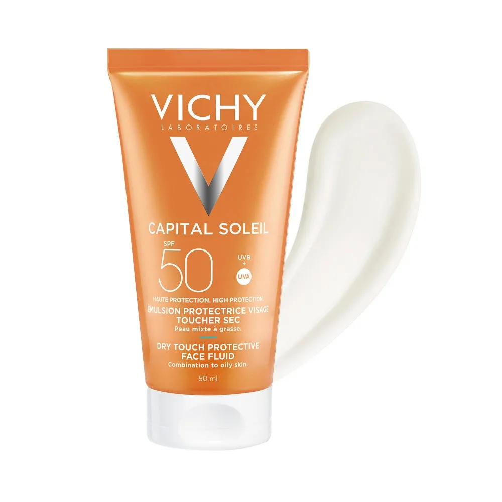Emulsie matifianta cu protectie solara SPF 50+ pentru fata, cu efect anti-stralucire pentru ten gras-mixt, 50 ml, Capital soleil, Vichy