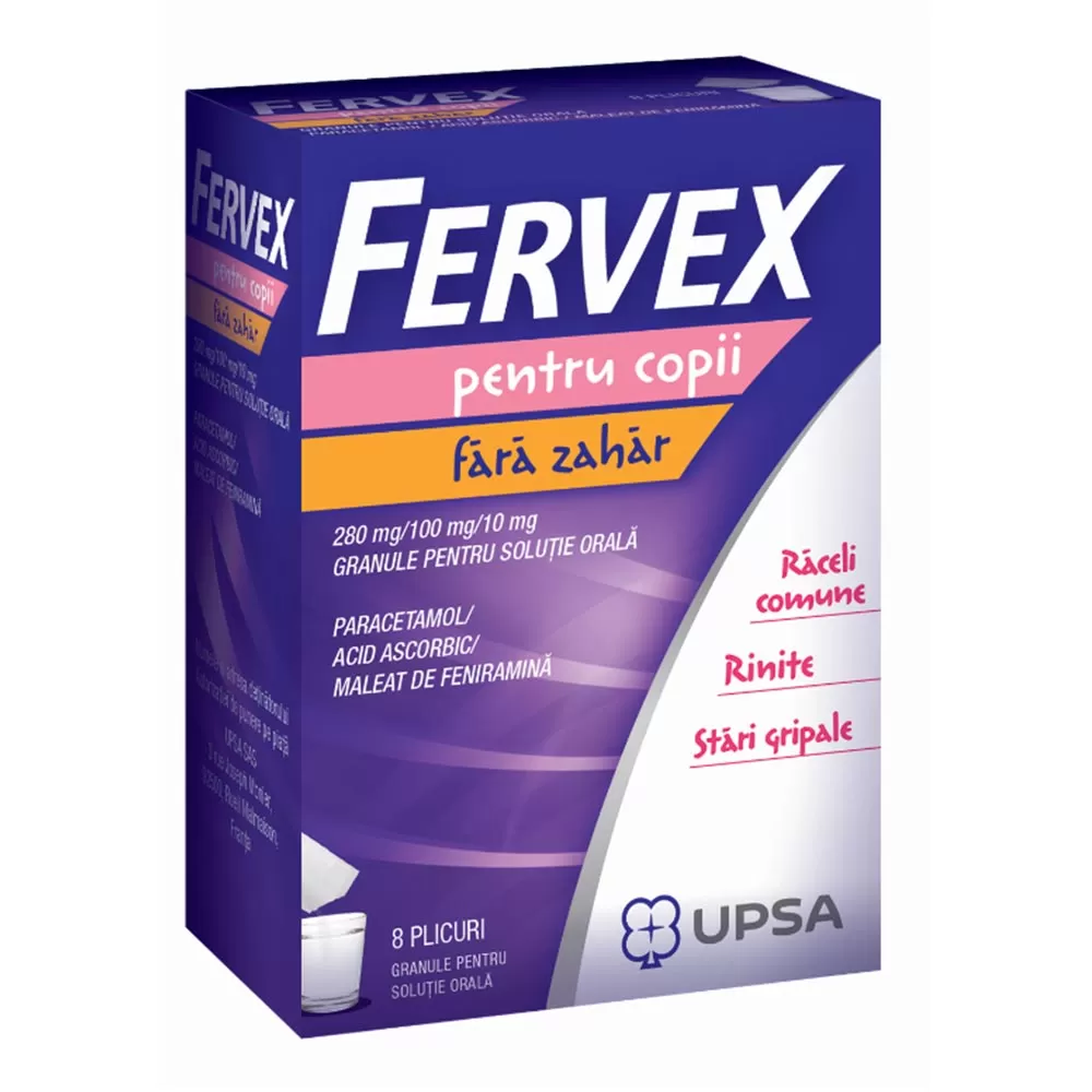 Fervex pentru copii fara zahar, 280mg/100 mg/10 mg, 8 plicuri, Upsa