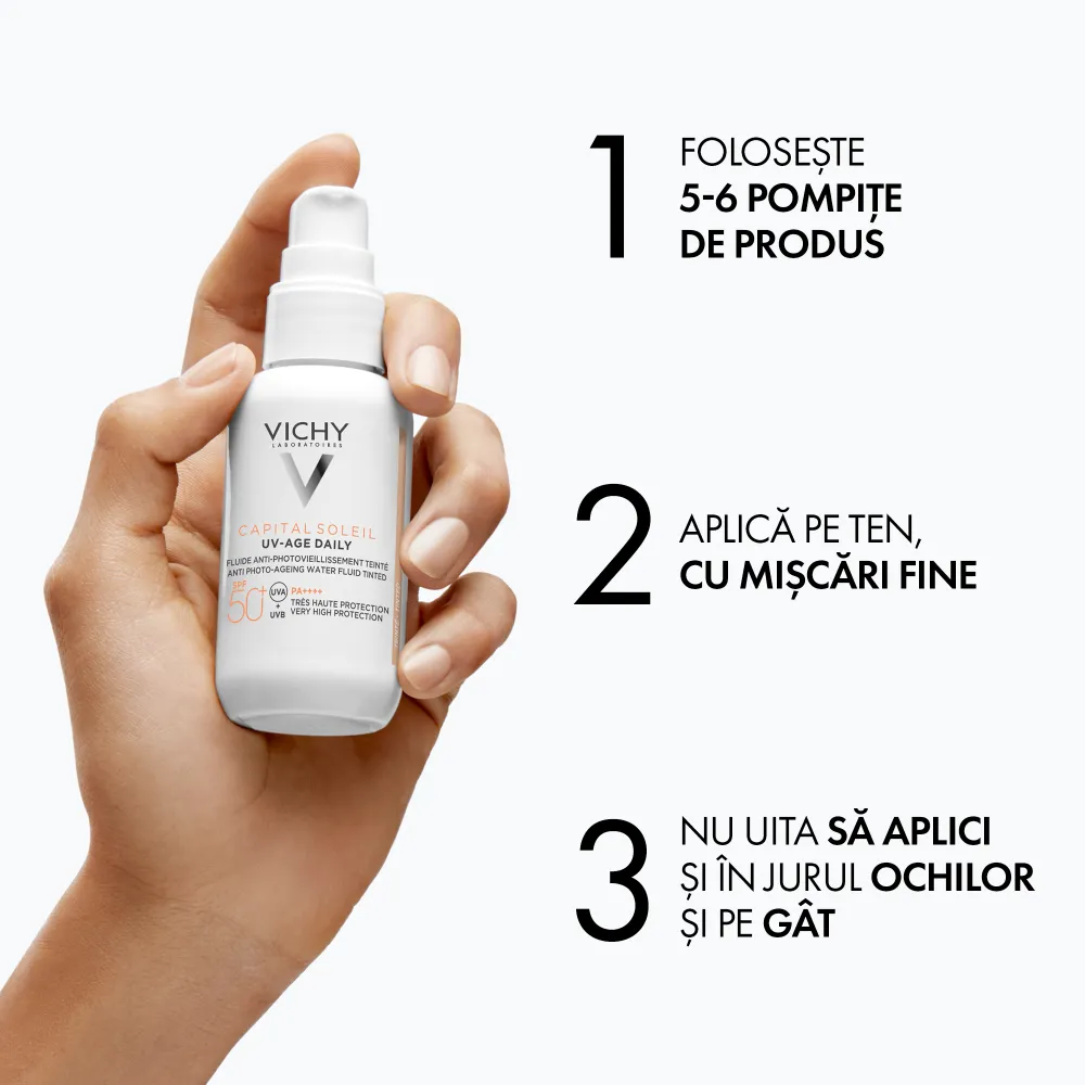 Fluid colorat SPF50+ cu actiune impotriva foto-imbatranirii tenului, nuanta deschisa-medie, Vichy