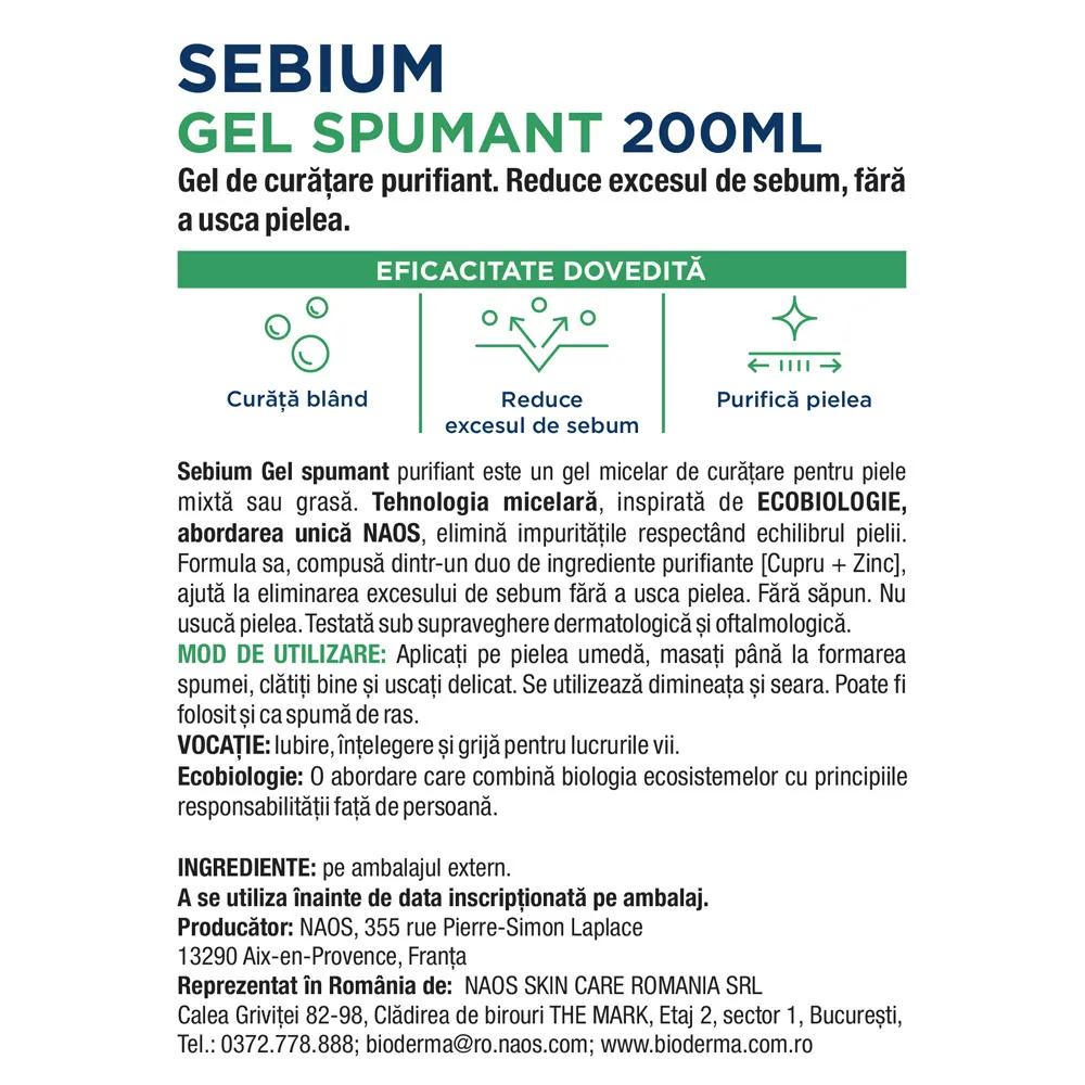 Gel spumant activ Sebium, 200ml, Bioderma
