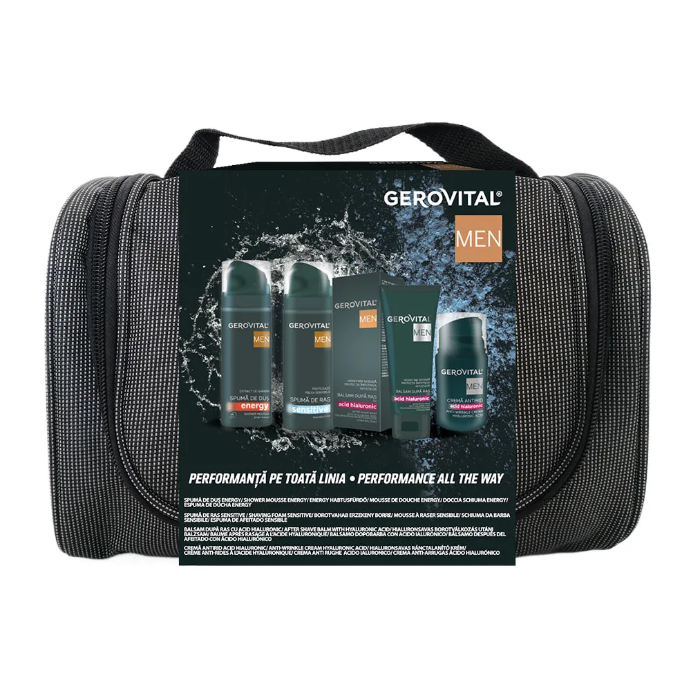 Pachet Borseta (Spuma de Dus + Spuma de Ras + Balsam dupa Ras + Crema Antirid), Gerovital Men