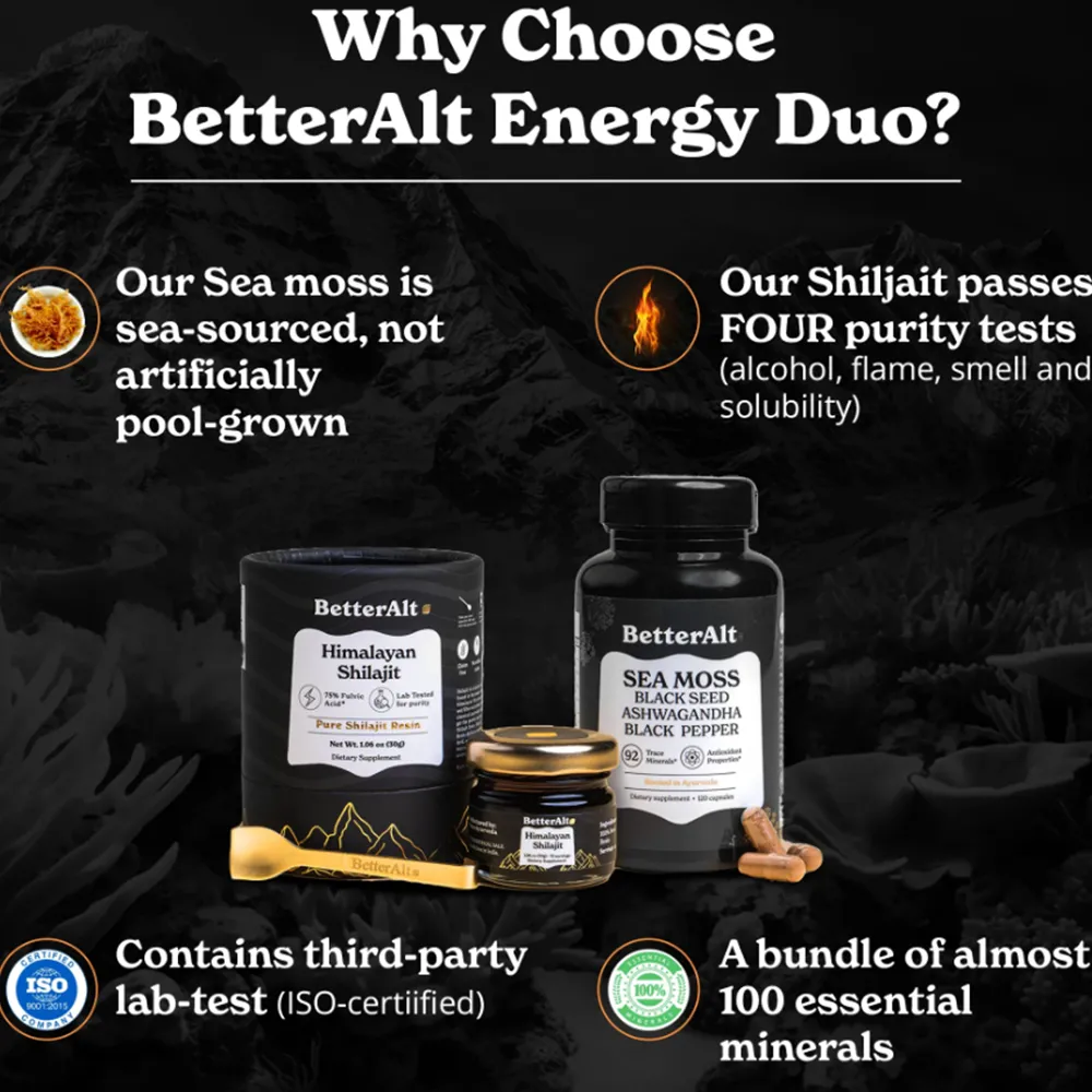 BetterAlt Shilajit Sea Moss cu Alge Marine, Ashwagandha si Tongkat, 120 capsule, GNC