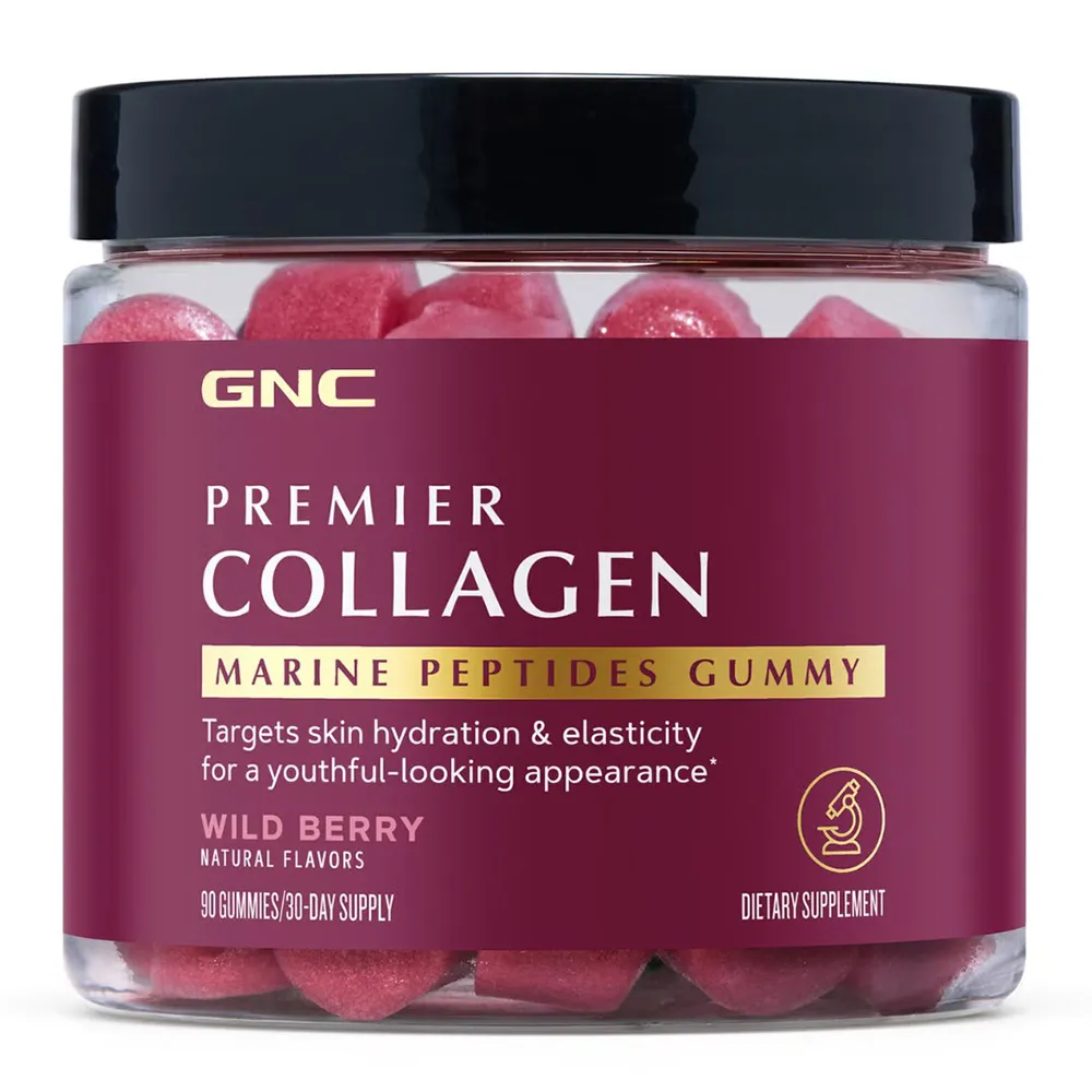 Collagen Premier Marine Peptides, supliment cu peptide marine pentru piele si par, cu aroma de fructe de padure salbatice, 90 jeleuri, GNC