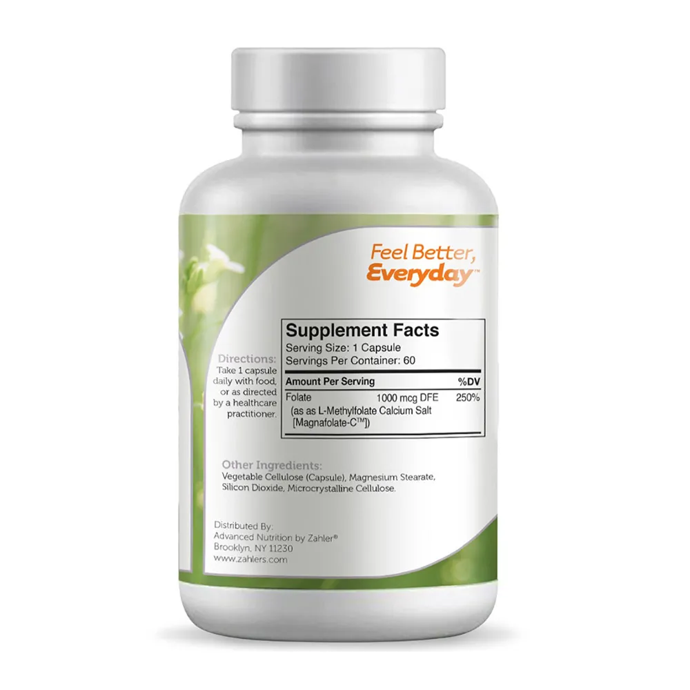 Forma Stabila si Activa de Acid Folic Metilfola Zahler Methylfolate, 60 capsule, GNC