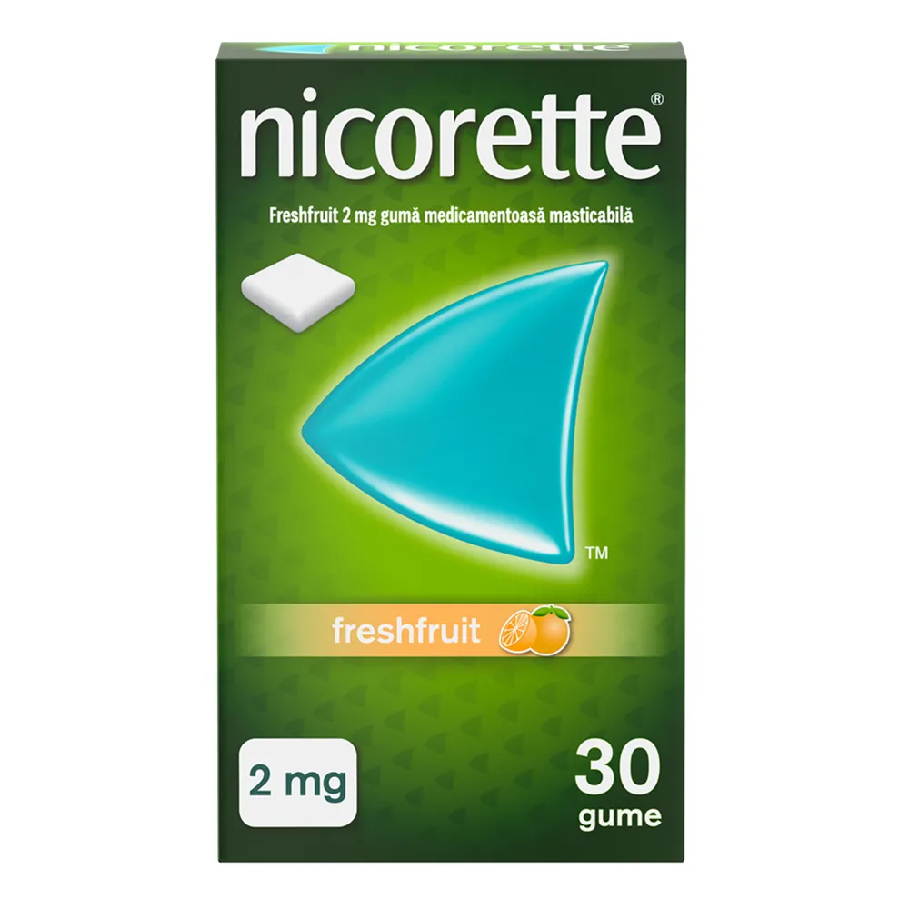 Guma medicamentoasa cu nicotina si aroma de portocale, 2 mg, 30 bucati, Nicorette