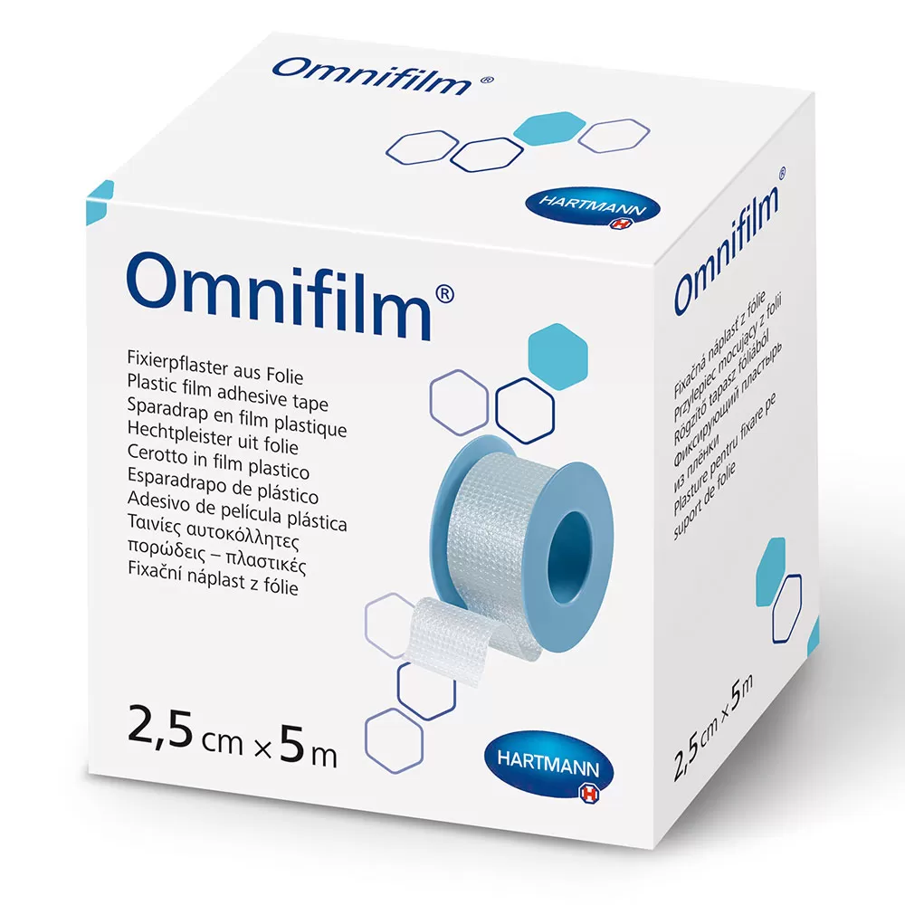 Plasture hipoalergen pe suport de folie transparenta poroasa, 2.5cm x 5m, Omnifilm