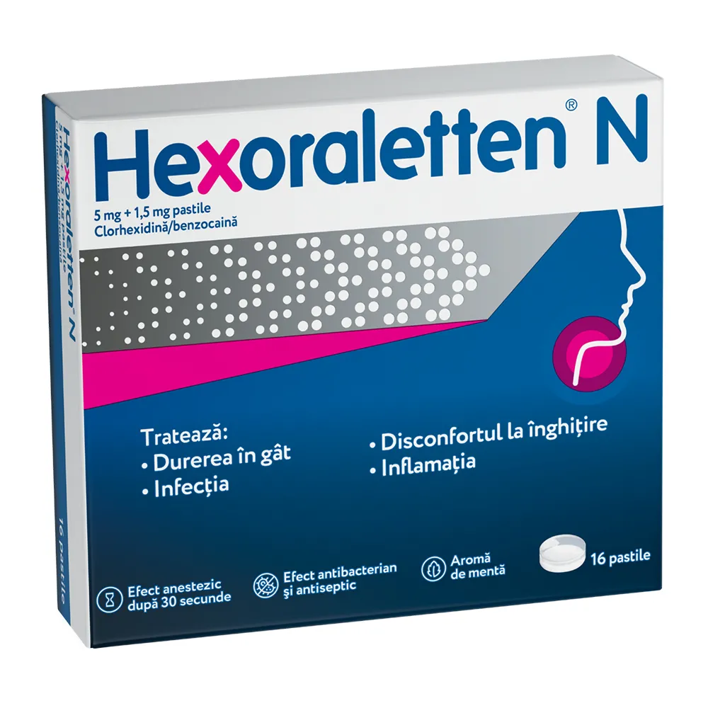Hexoraletten N, 5 mg/ 1,5 mg, 16 comprimate, Mcneil Healthcare