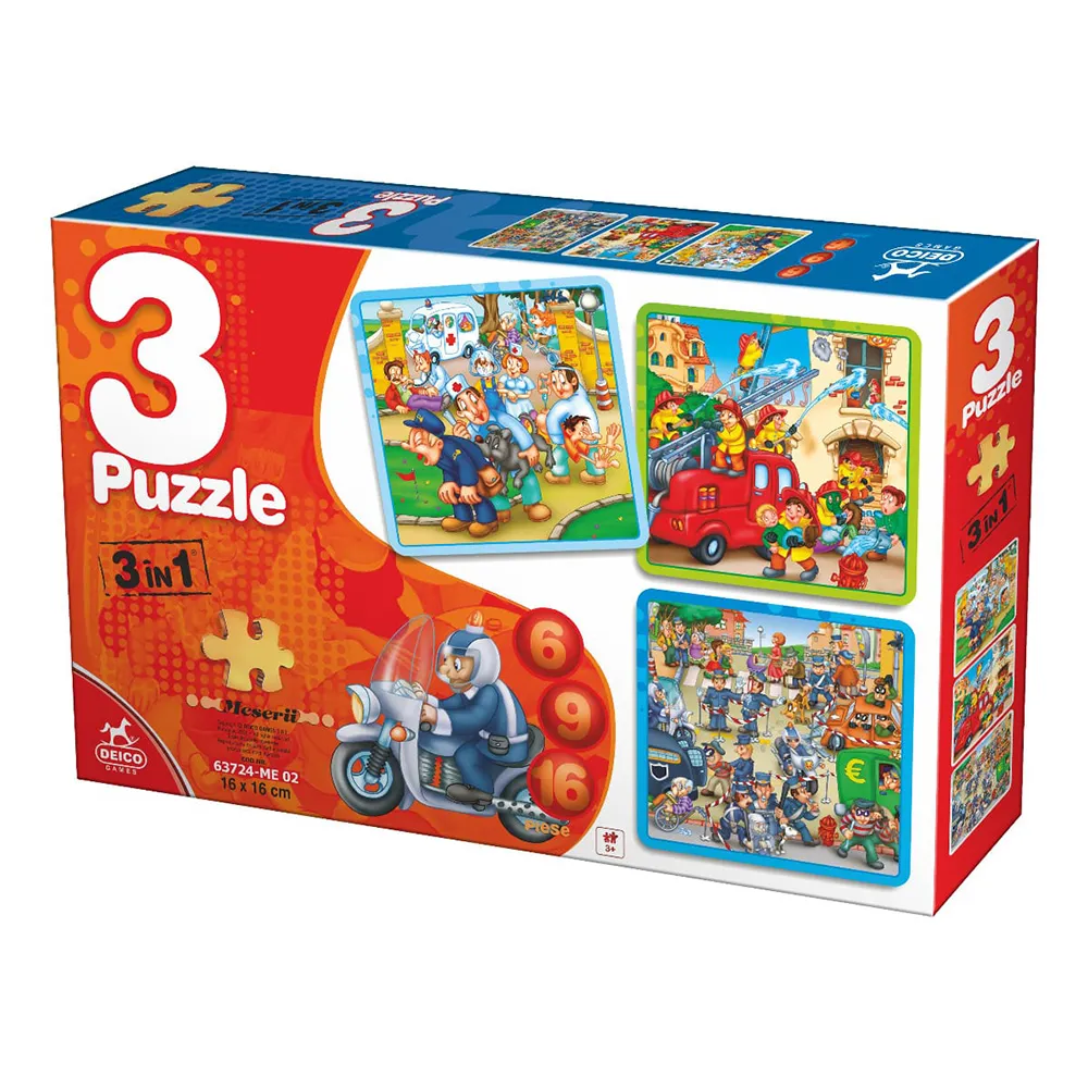 Jos Set 3 Puzzle cu Meserii, 3 in 1 -D-Toys