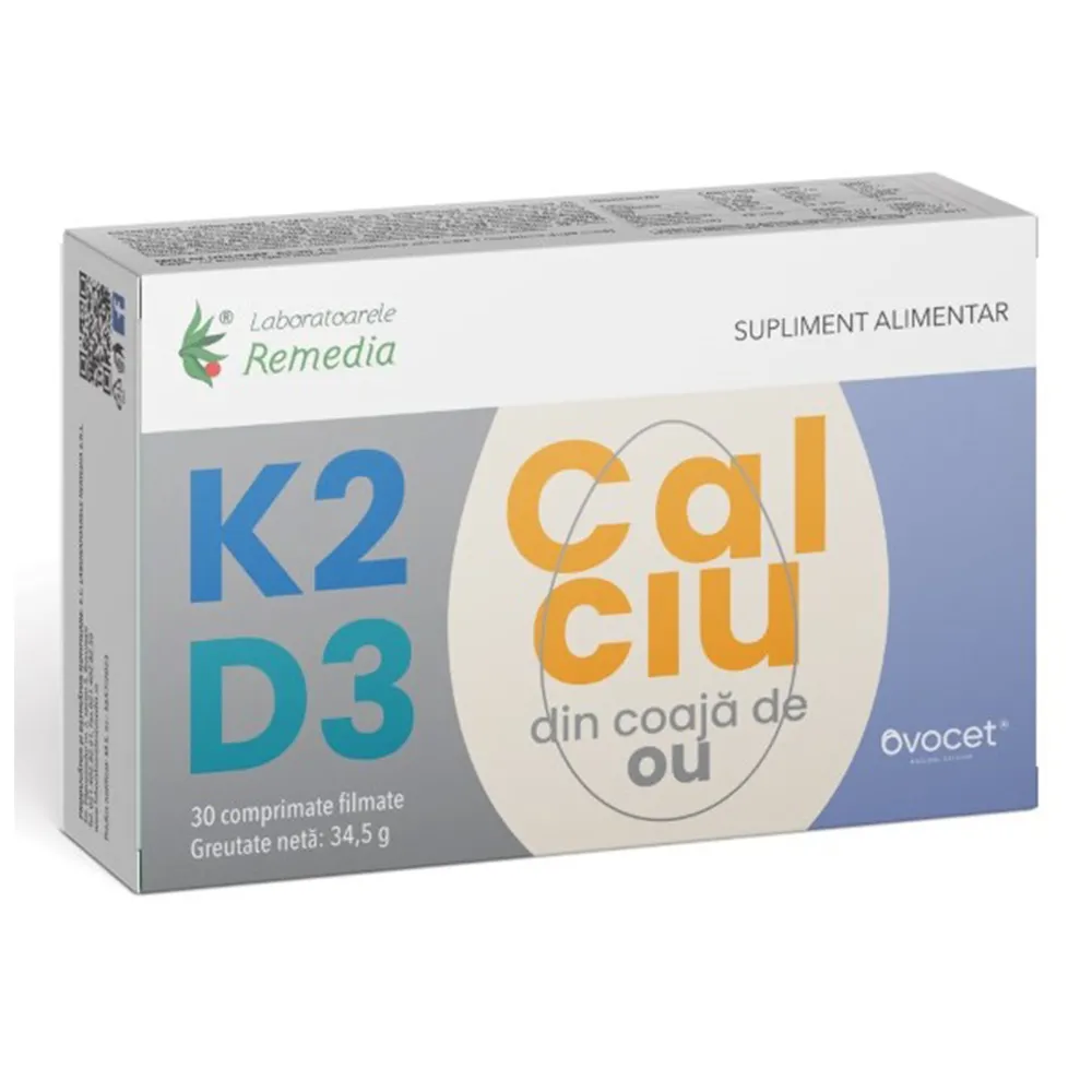 K2+ D3+ Calciu din Coaja de Ou, 30 comprimate flmate, Remedia