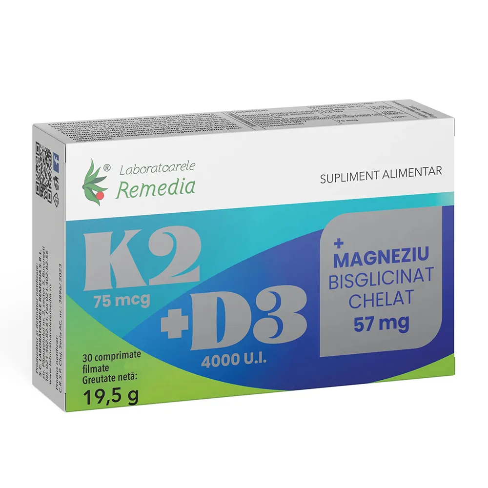 K2+D3+Magneziu Bisglicinat Chelat 57mg, 30 comprimate, Remedia