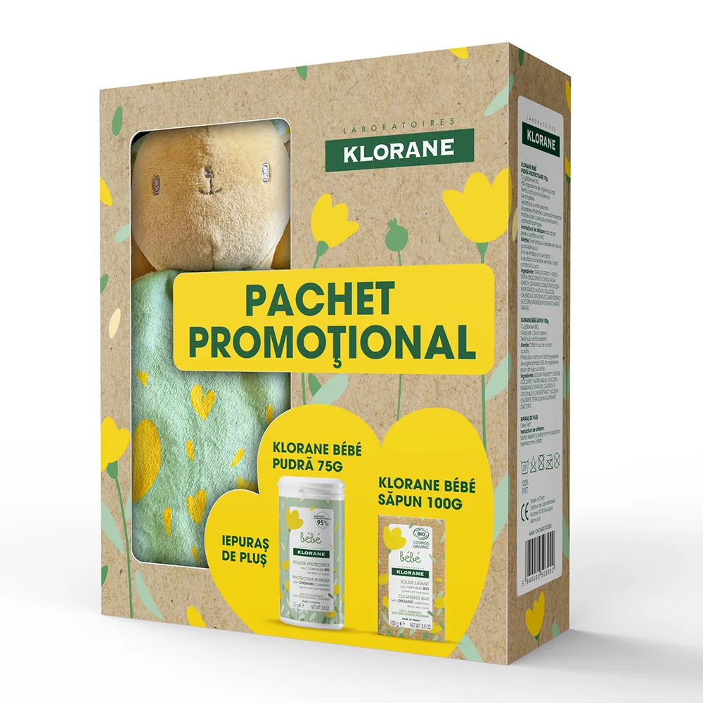 Pachet Pudra Toaleta Protectoare, 75g + Sapun, 100g + Iepuras Plus, Klorane Bebe