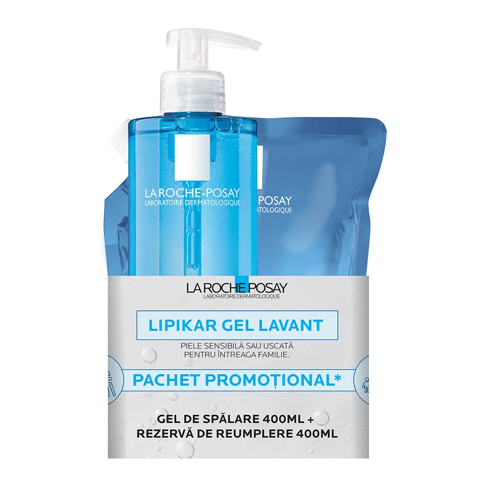 Pachet Gel de Spalare Piele Sensibila, 400ml + Refill, 400ml, La Roche Posay Lipikar