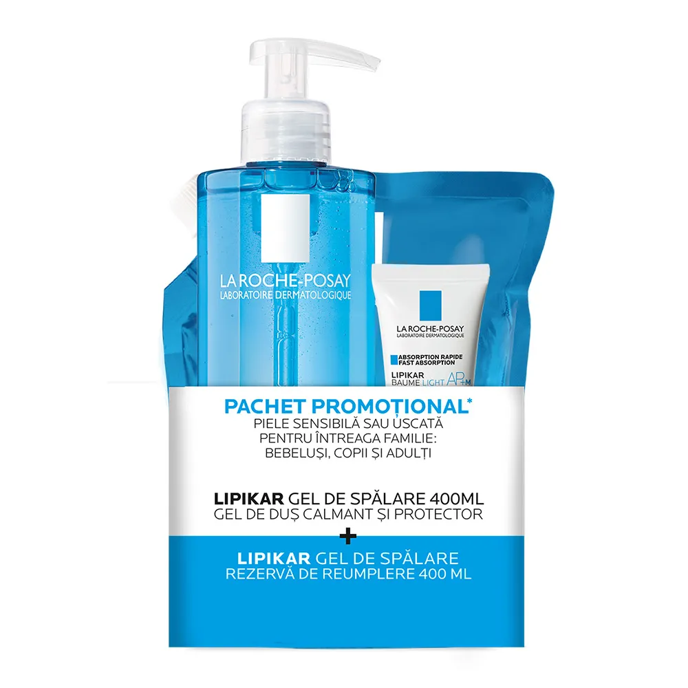 Pachet promotional Lipikar gel de spalare 400ml, Rezerva de reumplere 400ml + Lipikar Baume 15ml, La Roche Posay