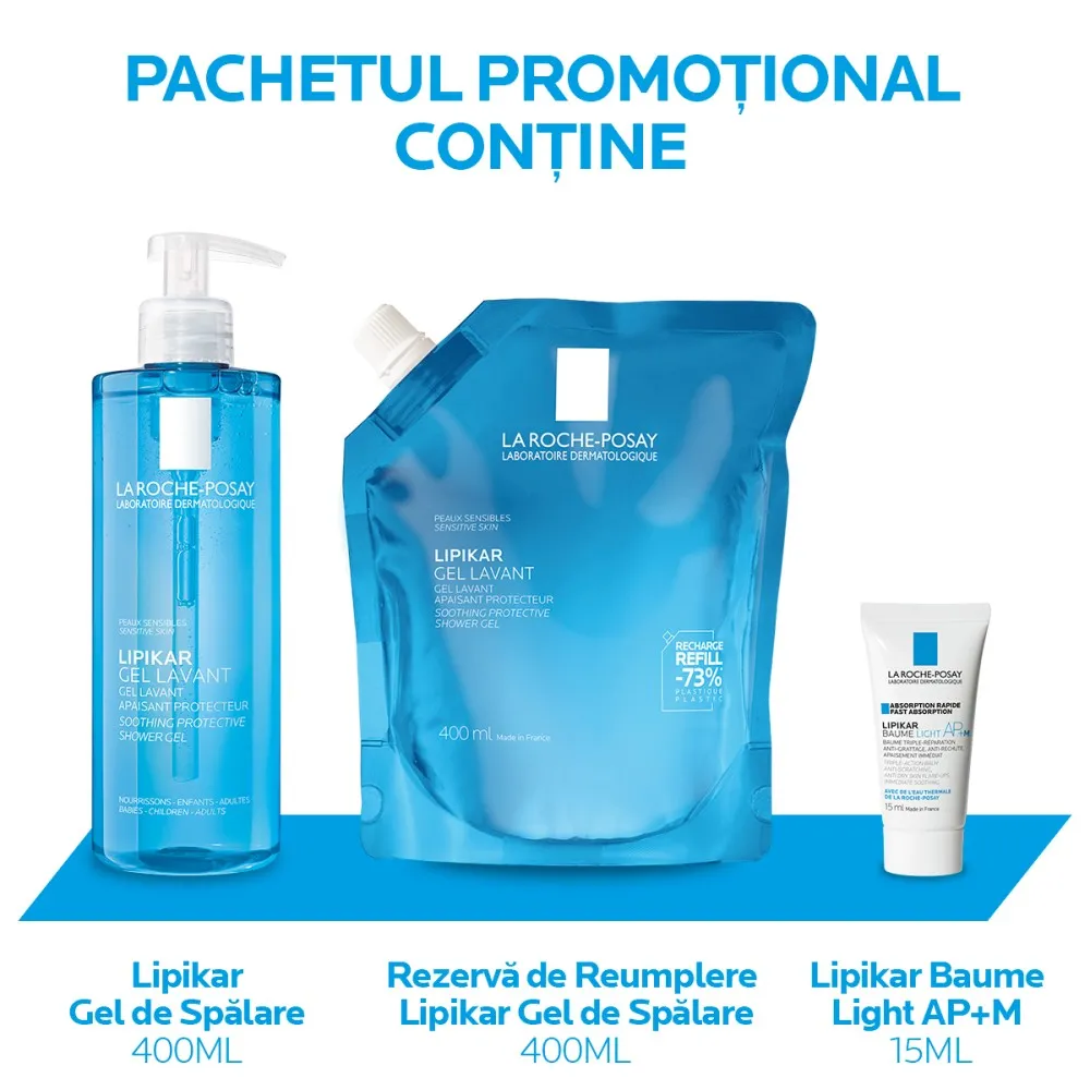 Pachet promotional Lipikar gel de spalare 400ml, Rezerva de reumplere 400ml + Lipikar Baume 15ml, La Roche Posay