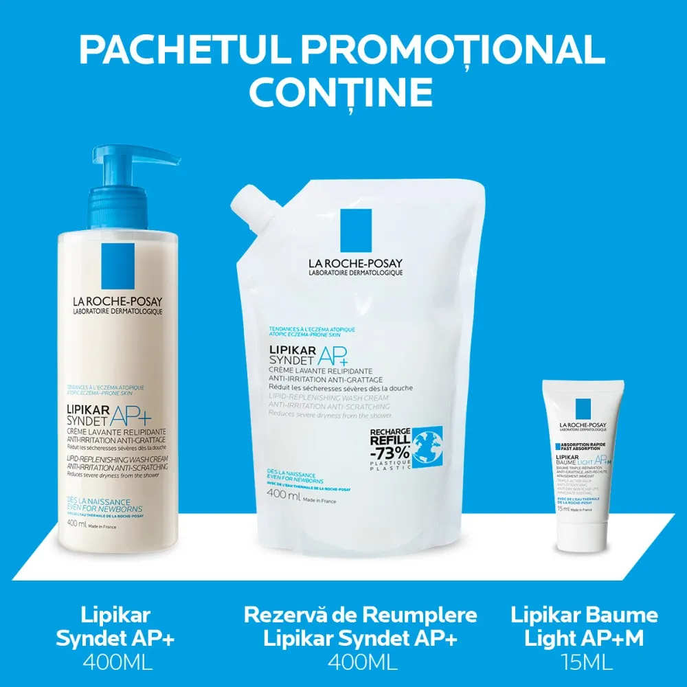 Pachet promotional Crema de spalare Lipikar Syndet AP+ 400ml, Rezerva de reumplere 400ml + Lipikar Baume Light 15ml, La Roche Posay