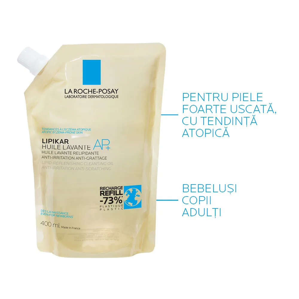 Rezerva Ulei de spalare relipidant pentru pielea uscata cu tendinta atopica Lipikar AP+, 400 ml, La Roche-Posay