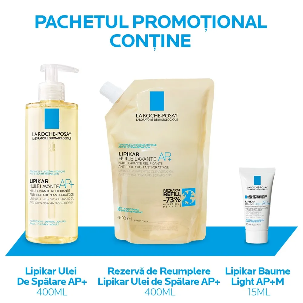 Pachet promotional Ulei de spalare Lipikar AP+ 400ml, Rezerva reumplere 400ml + Lipikar Baume Light AP+ 15ML, La Roche Posay