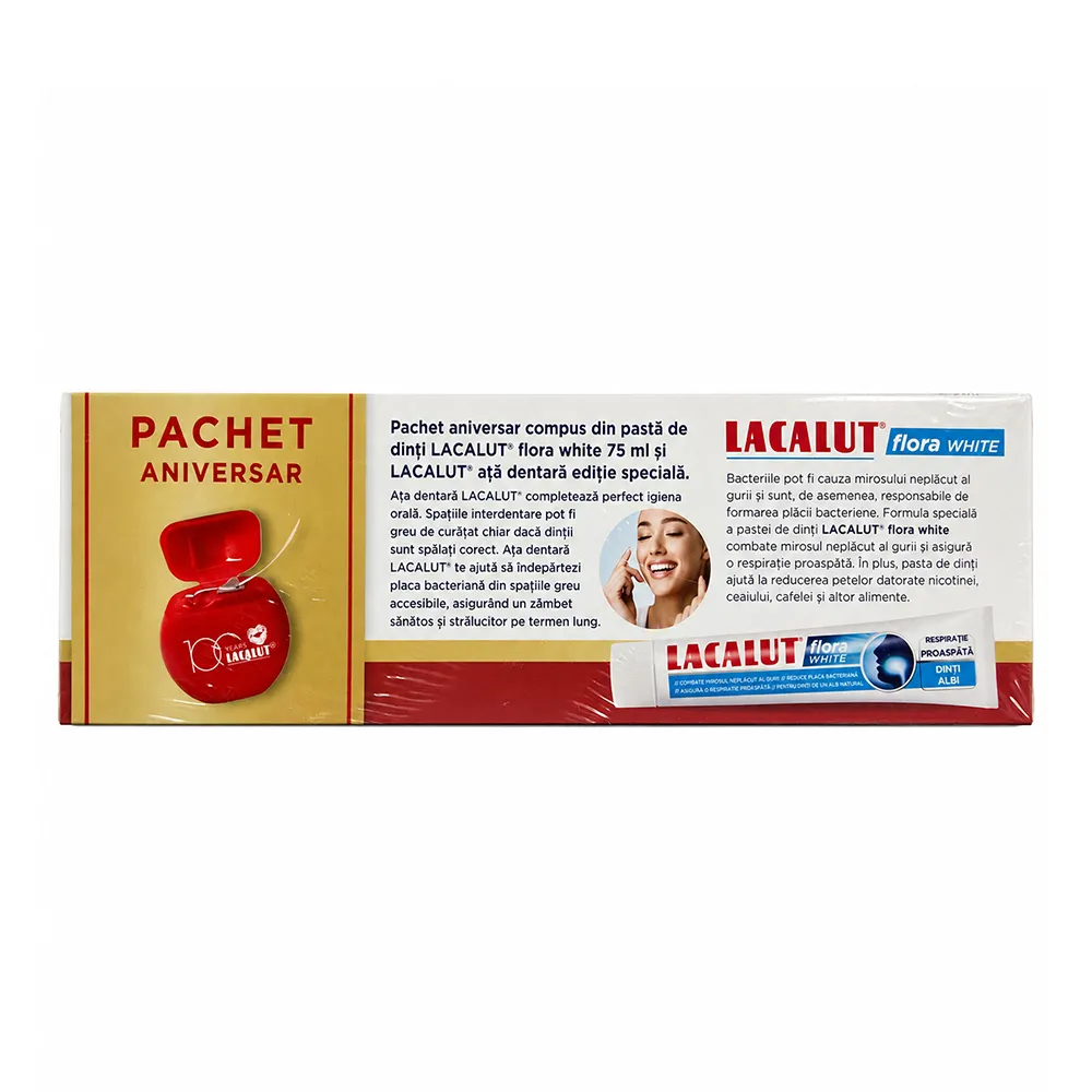 Pachet Pasta de Dinti Impotriva Halitozei Lacalut Flora White, 75ml + Ata Dentara - Zdrovit