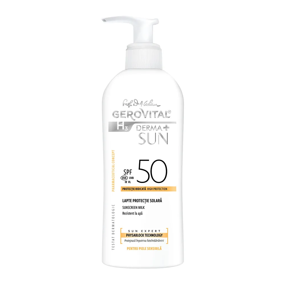 Lapte pentru protectie solara cu SPF 50 H3 Derma+ Sun, 150 ml, Gerovital