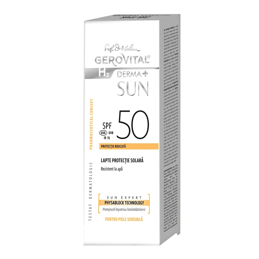 Lapte pentru protectie solara cu SPF 50 H3 Derma+ Sun, 150 ml, Gerovital