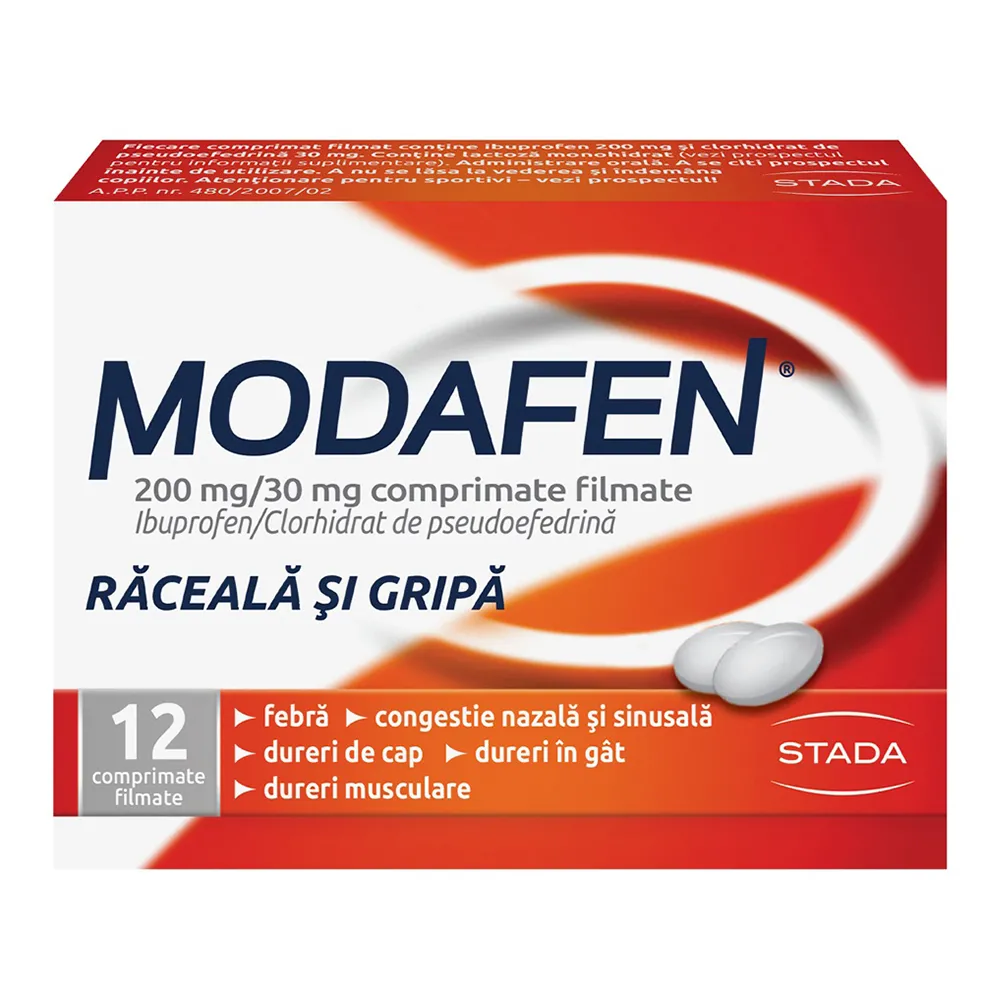 Modafen raceala si gripa, 200 mg/30 mg, 12 comprimate filmate, Stada