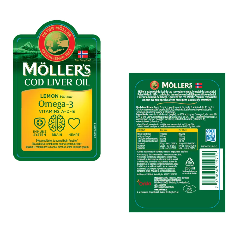 Moller's Ulei din ficat de cod Omega-3 cu gust de lamaie, 250 ml, Orkla Health