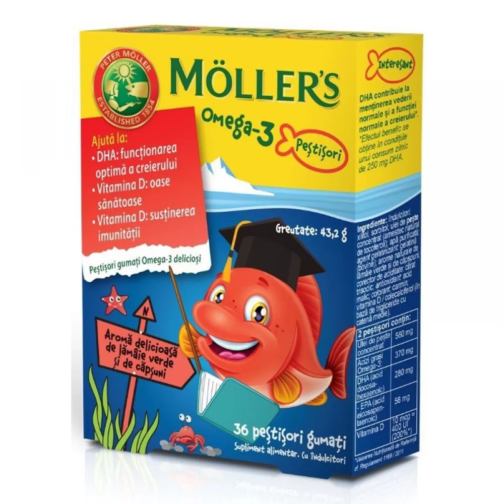 Moller's Pestisori gumati cu Omega-3 aroma de lamaie verde si capsuni, 36 jeleuri, Orkla Health