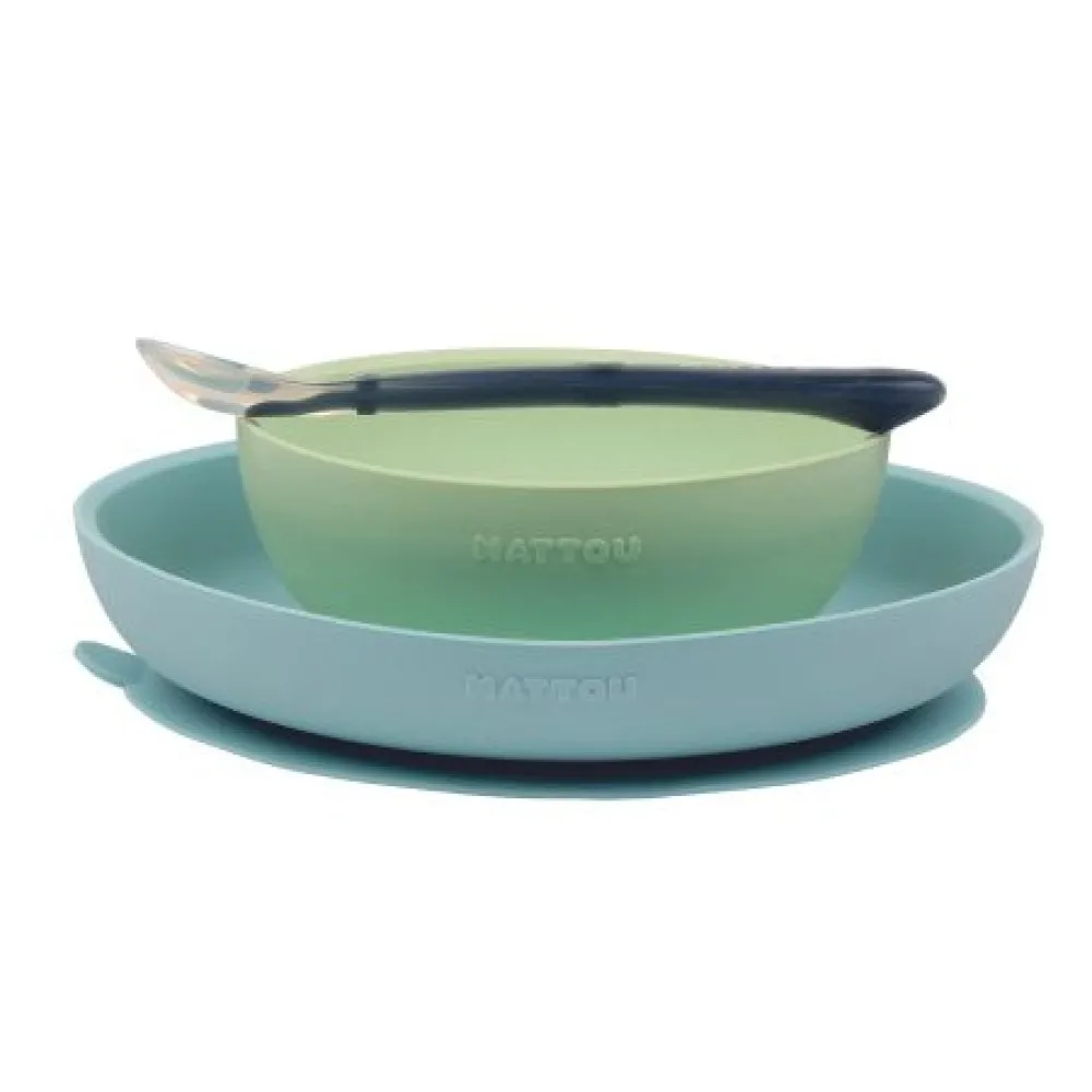 Set Silicon Farfurie si Castronel cu Ventuza si Lingurita (Albastru/Verde), 876773, Nattou Baby