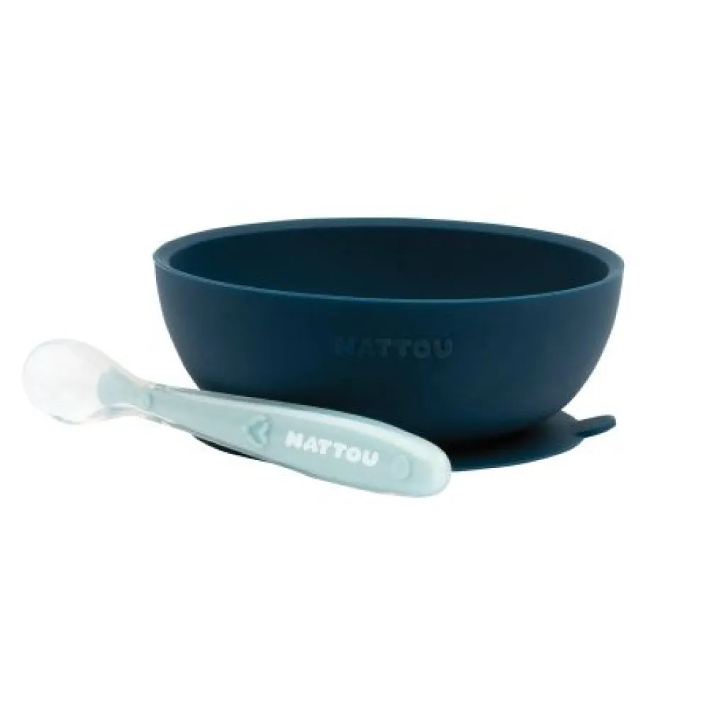 Nattou Baby 877145 Set Silicon Castronel cu Ventuza si Lingurita Albastru