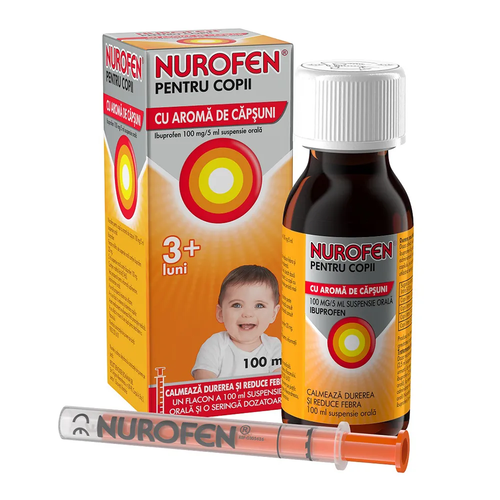 Nurofen cu aroma de capsuni pentru copii 3+ luni, 100 mg/5 ml, 100 ml, Reckitt Benckiser