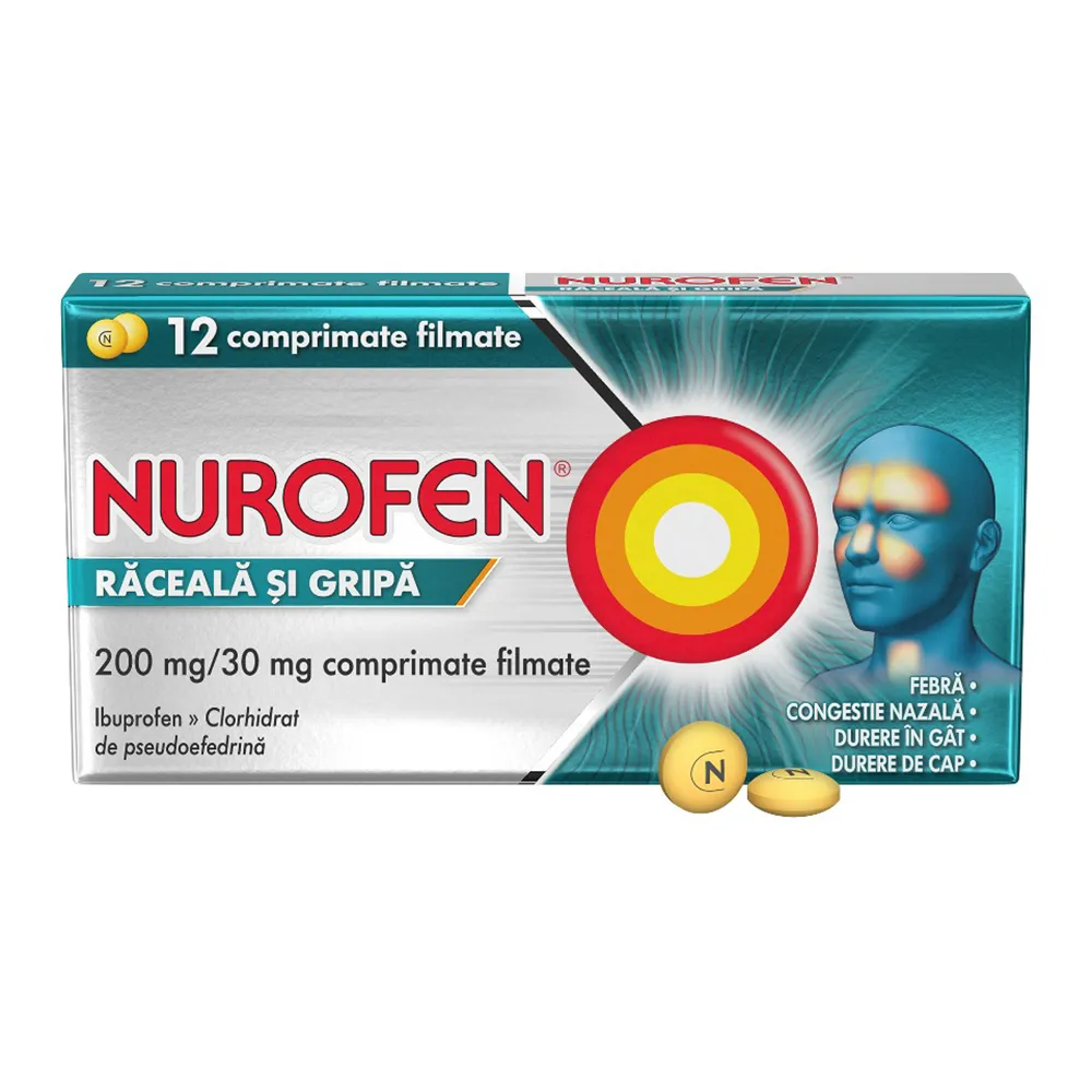 Nurofen raceala si gripa, 200 mg/30 mg, 12 comprimate filmate, Reckitt Benckiser