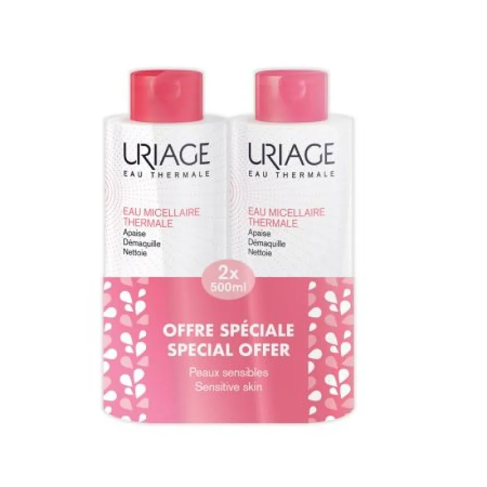 Pachet Apa Micelara termala pentru ten sensibil - roseata, 500 ml + 500 ml, Uriage