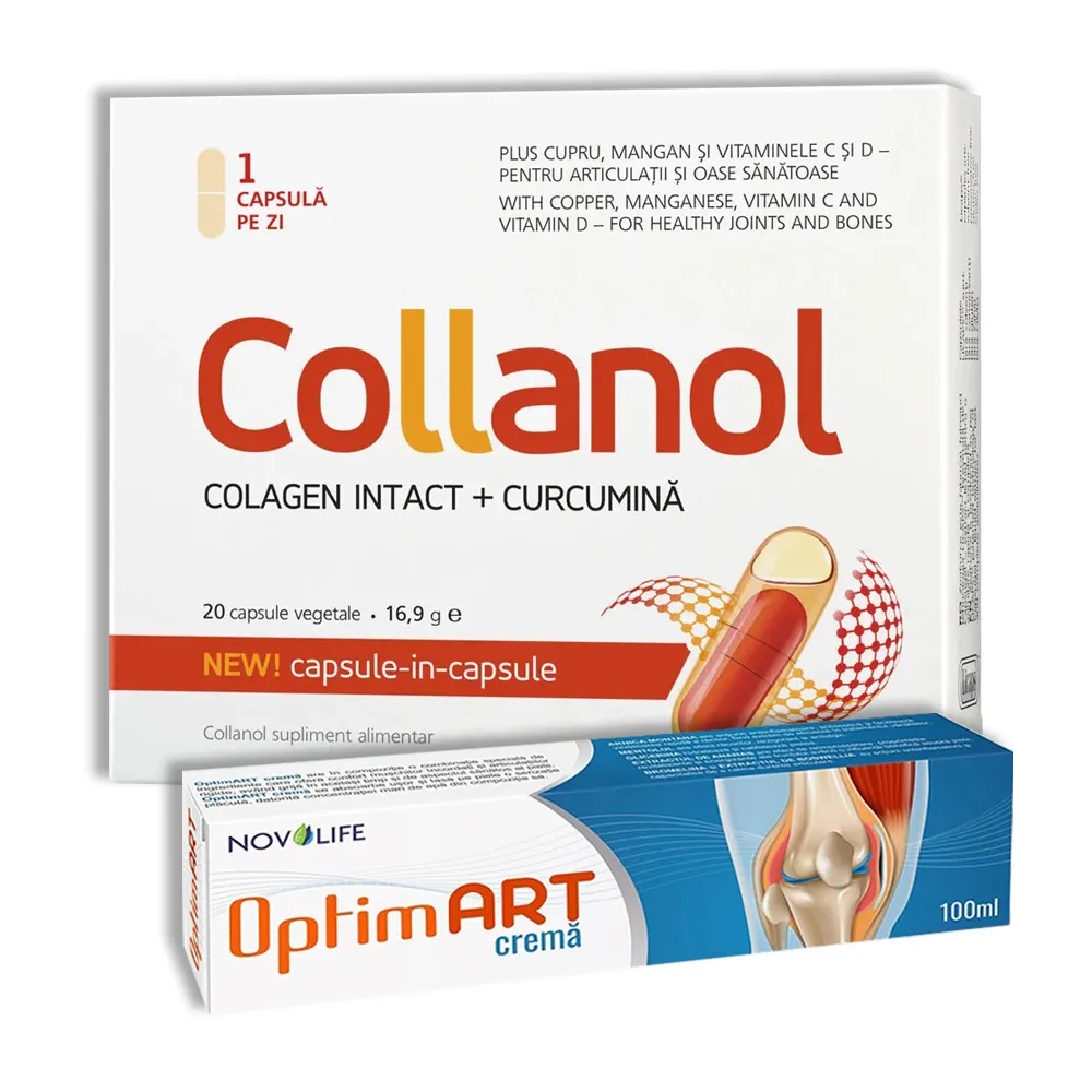 Pachet Collanol, 20 capsule, Vitaslim & Crema pentru articulatii si dureri musculare, 100 ml, Novolfie