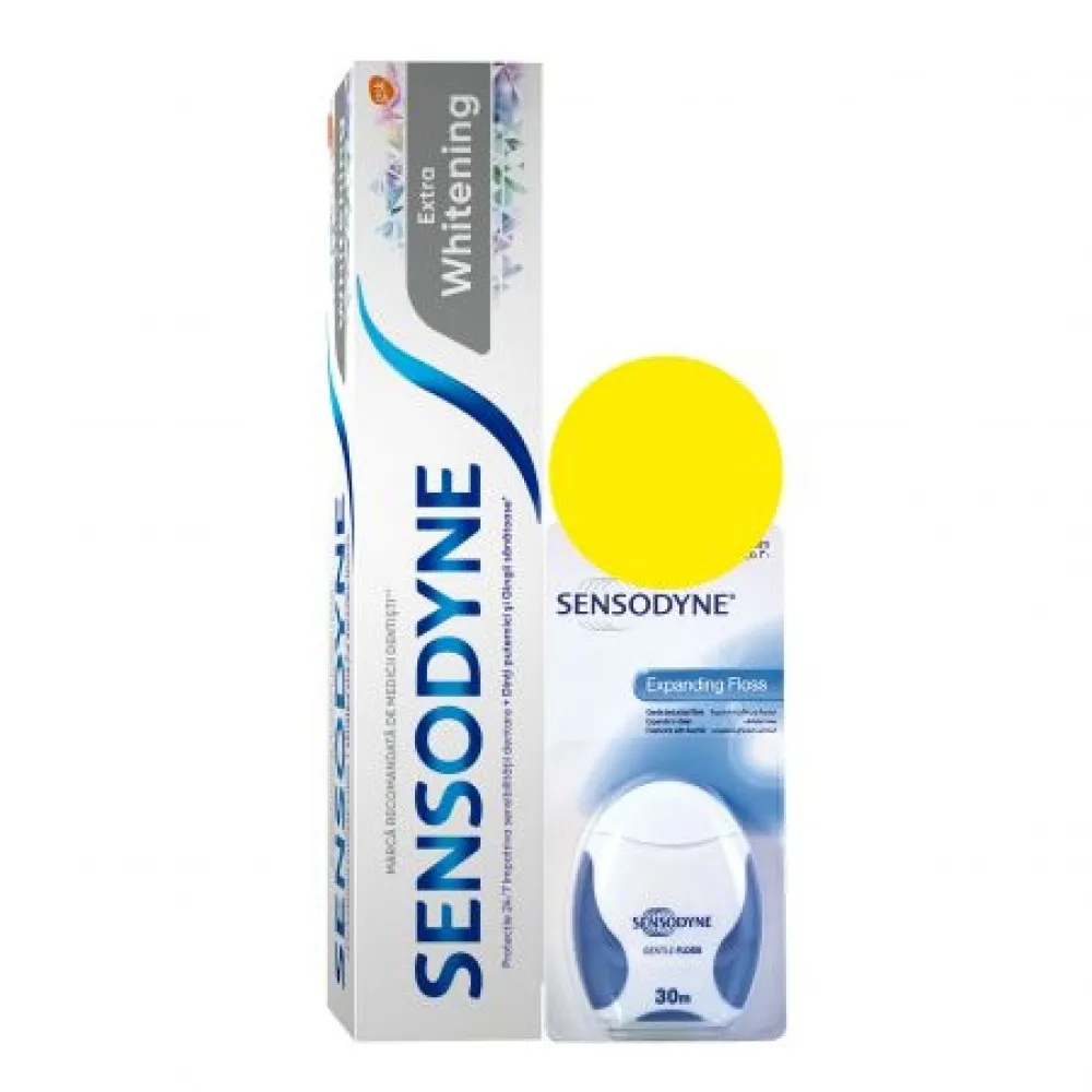 Pachet Pasta de dinti Extra Whitening Sensodyne, 100 ml + Ata dentara Expanding Floss Sensodyne, 30 m, Gsk