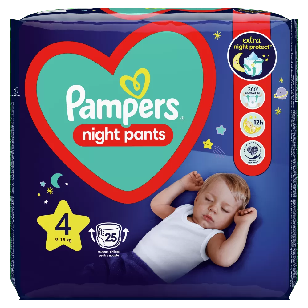 Scutece-chiloțel de noapte Pampers Night Pants, Mărimea 4, 9 kg-15 kg, 25 bucati